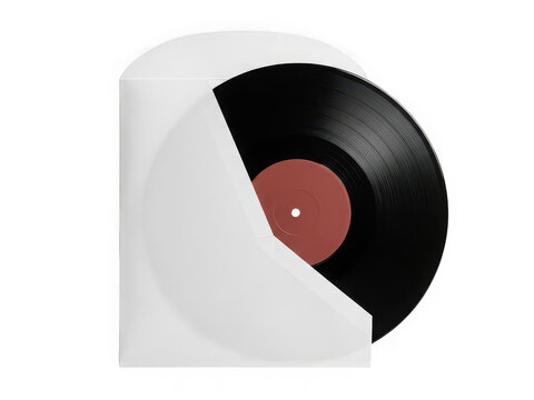 Black vinyl record disc inside a white paper sleeve isolated on transparent background