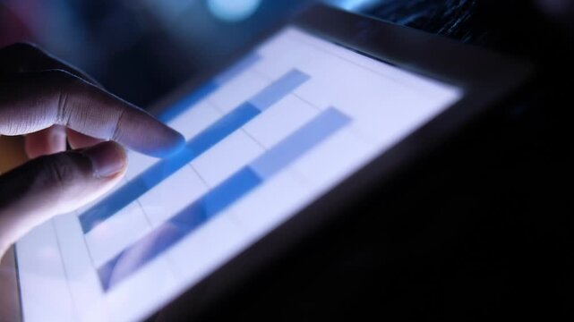 Close up of finger touching tablet screen displaying glowing financial chart in darkness