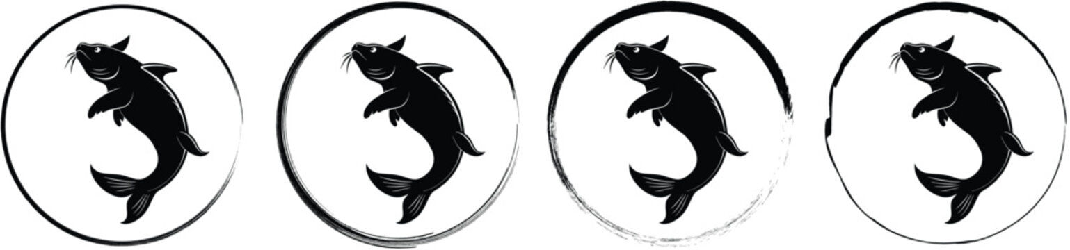 Set of four circular featuring a black silhouette of a jumping catfish, displayed with different circular borders on white background