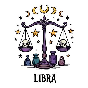 Mystical Libra zodiac sign illustration featuring scales with skulls and celestial moon and star elements.