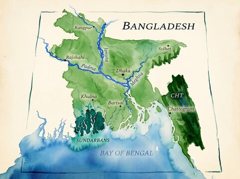 Watercolor art style map of bangladesh with river systems and regional geographic features.