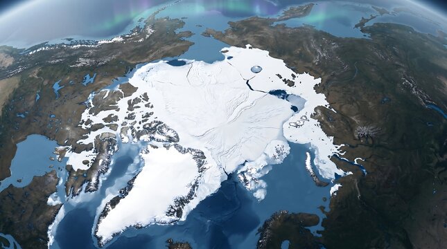 Topographical map of Arctic Ocean showing sea ice, glaciers and surrounding landmasses.