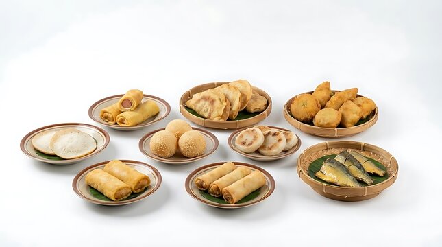 Assortment of traditional Indonesian fried snacks on plates