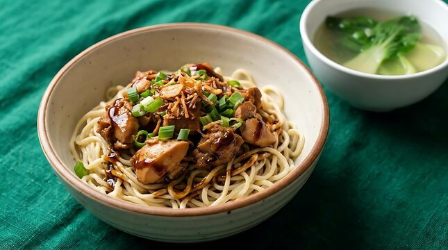 Authentic Indonesian chicken noodles with broth bowl