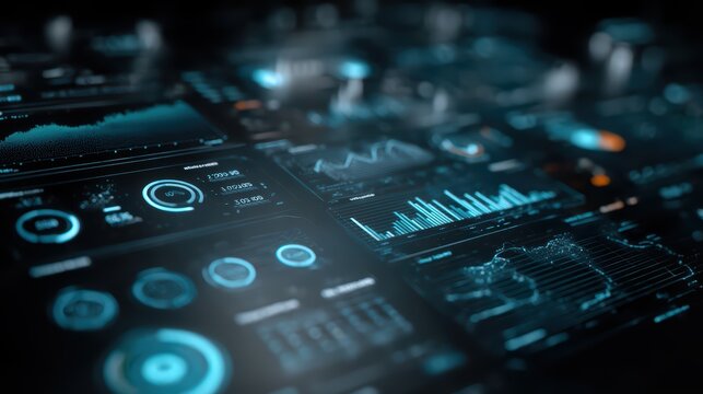 Dashboard interface displays complex financial data analytics with glowing blue charts and numerical statistics on a dark background.