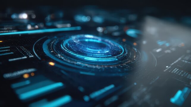 Hologram technology projects a circular interface with intricate light patterns across a dark digital workspace environment.