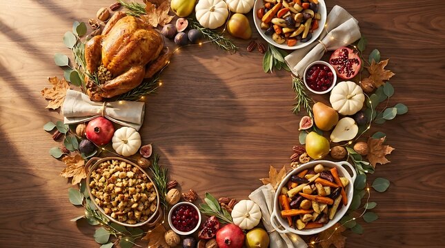 Thanksgiving feast table setting with roasted turkey and seasonal sides