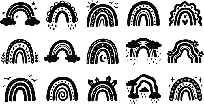 Black and white rainbow collection hand drawn illustrations for various designs