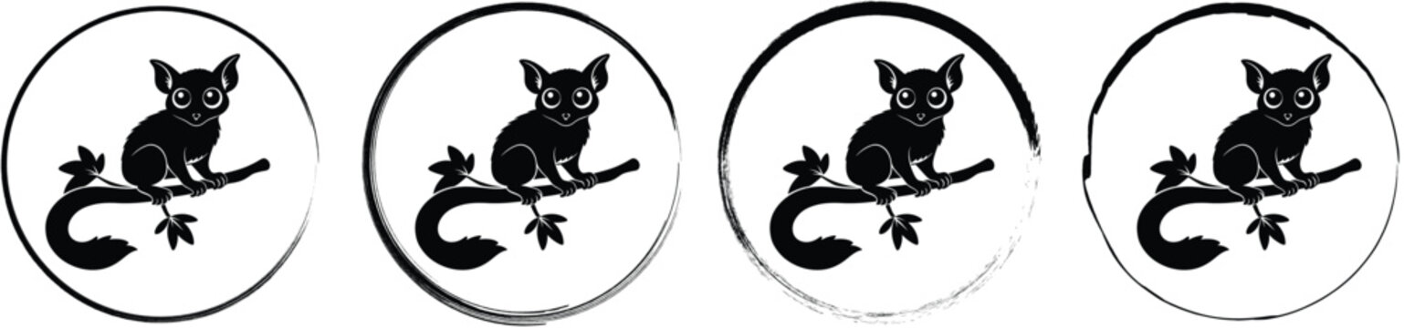 Four circular featuring a black silhouette of a galago or bushbaby sitting on a tree branch, isolated on a white background