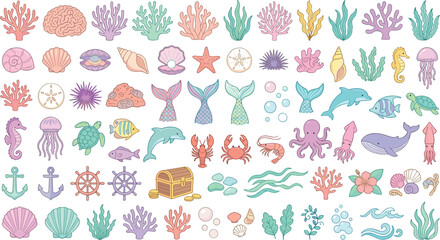 Under the Sea Ocean Life and Coral Reef Icon Set Featuring Mermaids, Sea Shells, Nautical Anchors, Treasure Chest, and Marine Animals for Vector Designs © Rahat