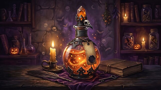 Glowing magic potion bottle with a skull stopper on a dark table with burning candles for a spooky halloween night