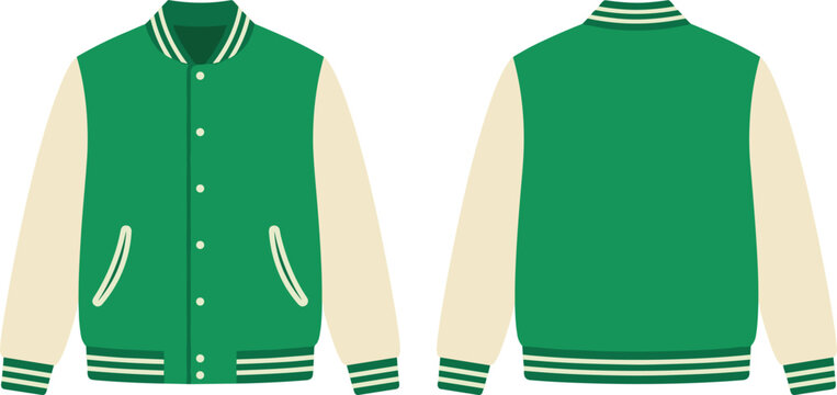 Green and Cream Varsity Jacket Vector Mockup Template Featuring Front and Back Views for Custom College Bomber Letterman Sports Apparel Team Uniform Designs