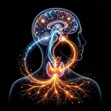 interconnected network representing the hypothalamic-pituitary-thyroid (HPT) axis, showing abstract brain regions sending signals (light trails) to the pituitary, which then signals the thyroid, empha