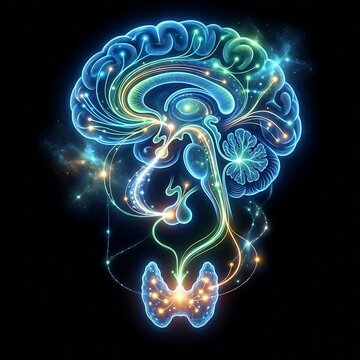 interconnected network representing the hypothalamic-pituitary-thyroid (HPT) axis, showing abstract brain regions sending signals (light trails) to the pituitary, which then signals the thyroid, empha