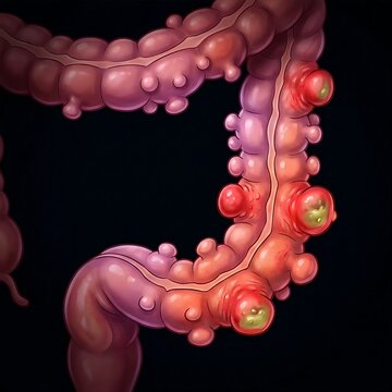 colon with multiple diverticula, some showing signs of inflammation and infection (diverticulitis