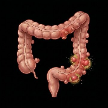 colon with multiple diverticula, some showing signs of inflammation and infection (diverticulitis
