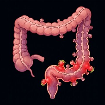 colon with multiple diverticula, some showing signs of inflammation and infection (diverticulitis