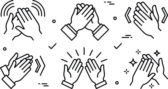 Clapping hands applause line art vector icon set featuring high five gesture check mark sound waves and sparkles