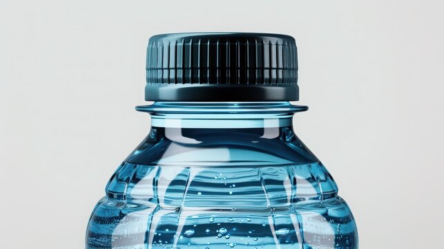 Plastic bottle cap sits atop a ribbed blue container filled with clear liquid against a neutral background to illustrate a simple commercial packaging concept for hydration products and beverage.