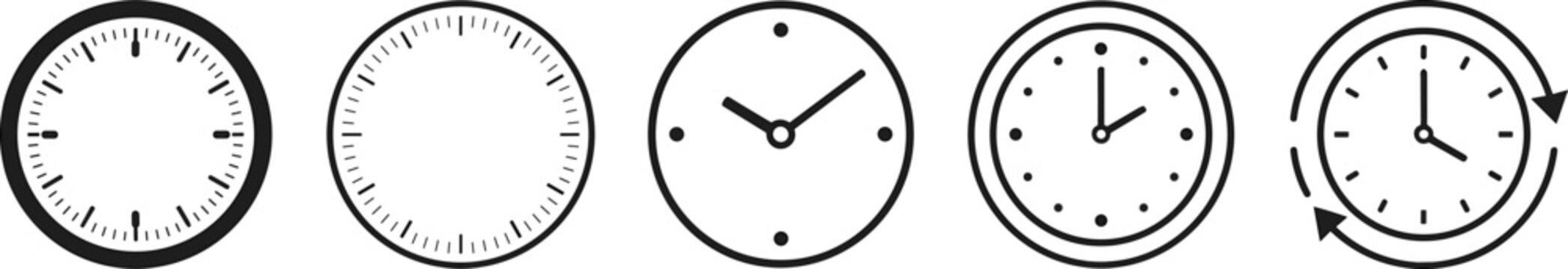 Set of minimalist clock face and watch dial line icons featuring time measurement symbols