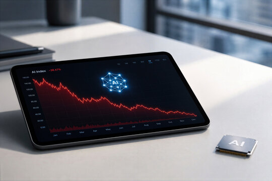 AI market slump tablet showing red declining stock chart with glowing neural network icon on minimalist office desk investor caution technology sector downturn economic slowdown risk