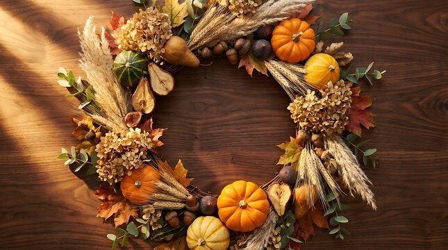 Autumn wreath with pumpkins, dried flowers, and pears on dark wood