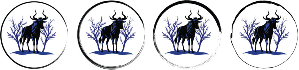 Naklejka premium Four circular emblem featuring a blue wildebeest standing in a forest of bare trees, isolated on a white background, for branding