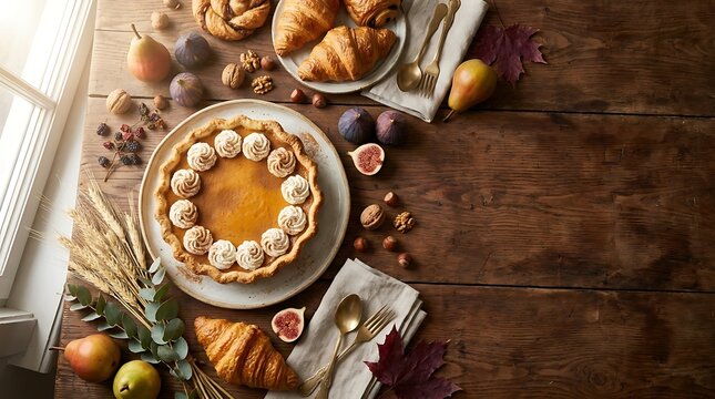 Autumnal flat lay with pumpkin pie, pastries, and seasonal fruits