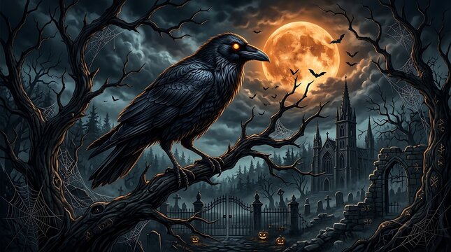 Black raven bird perched on a dark tree branch in front of a glowing full moon at a spooky cemetery