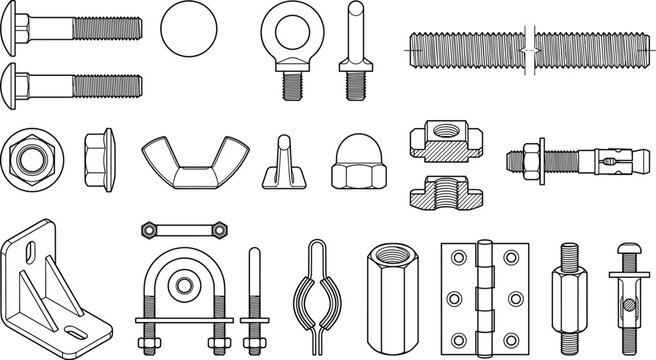 Industrial Fastener Hardware Collection with Bolts Nuts Brackets Hinges Threaded Rods and Mechanical Metal Components
