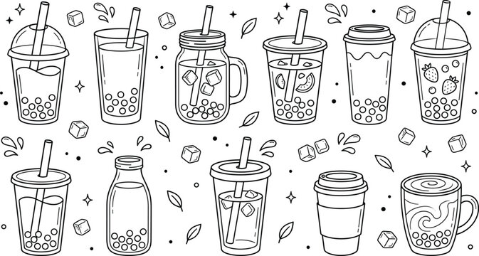 Bubble tea boba and iced coffee line art vector icon set featuring refreshing drinks straws and ice elements