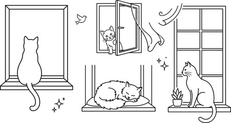 Cat on window sill line art vector icon set featuring sleeping sitting peeking kittens curtain and home elements © MD