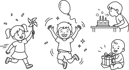 Children birthday party celebration line art vector icon set featuring happy kids balloon cake gift and pinwheel elements