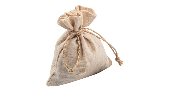 Simple small linen canvas drawstring pouch bag isolated on transparent background cut out