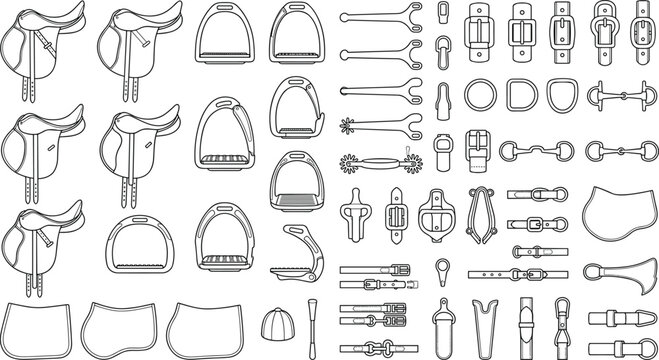 Horse Riding Equestrian Equipment Outline Icon Set with Saddle Stirrups Bridles Buckles Reins Harness and Tack Vector Collection
