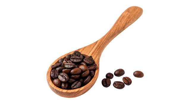 Wooden spoon filled with roasted aromatic coffee beans isolated on transparent background cut out