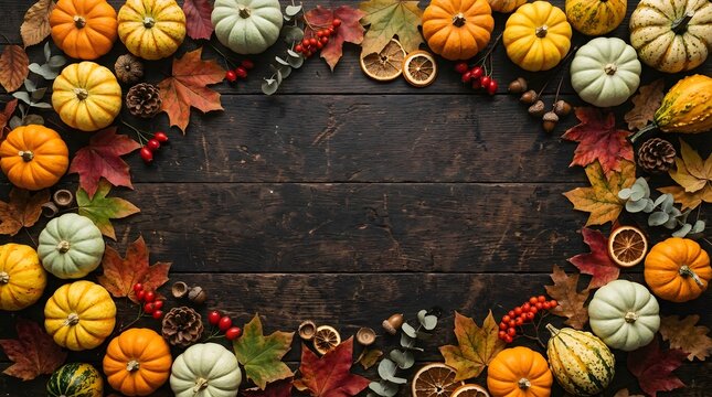 Autumnal harvest arrangement pumpkins leaves and dried citrus on rustic wood background