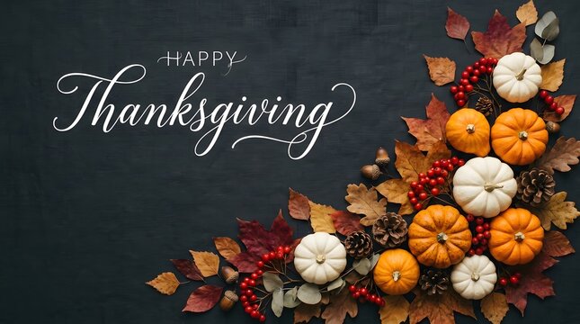 Festive thanksgiving still life with pumpkins autumn leaves and berries on a dark slate background