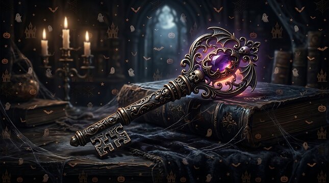 Ornate antique metal key with glowing purple gem resting on an old wooden table in a dark mysterious room with flickering candles
