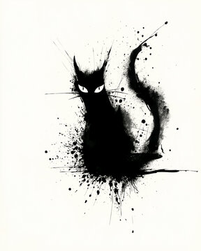 化け猫の墨絵 和ハロウィン 墨絵イラスト

