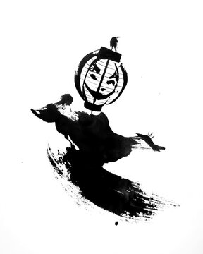 提灯お化けの墨絵 和ハロウィン 墨絵イラスト
