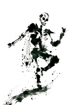 踊る骸骨の墨絵 和ハロウィン 墨絵イラスト

