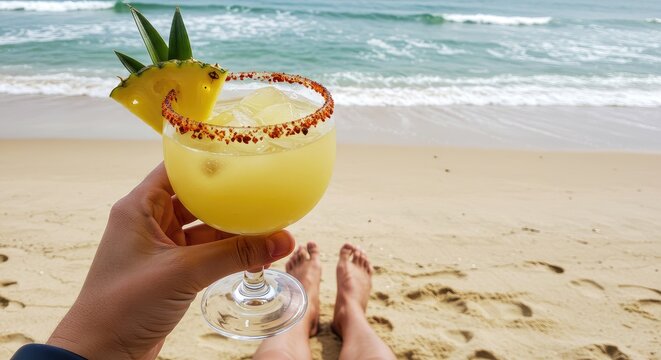 Person holding a pineapple slice on a tropical beach.