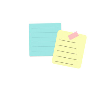 Two colorful sticky notes with handwritten text isolated on transparent background, illustration