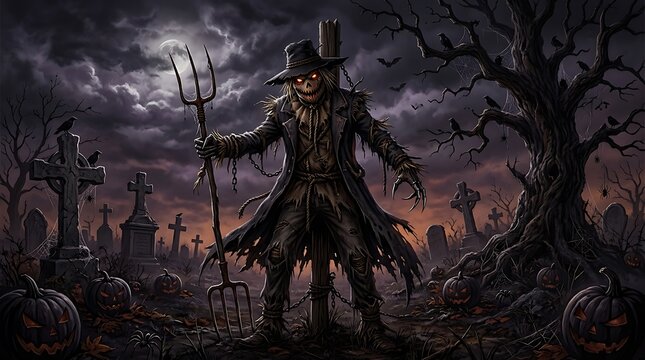 Scary scarecrow with red glowing eyes holding a pitchfork in a dark spooky cemetery at night
