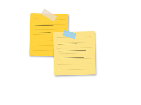 Two yellow sticky notes with handwriting attached with adhesive tape on a flat surface for office and school organization tasks