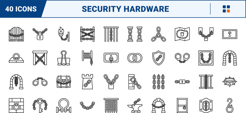Dungeon gate chains line icon set. Vector pictograms of security hardware, iron links, fortress barriers, and locking mechanism elements, thin linear illustration.