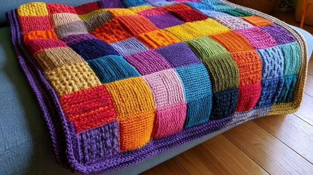 Vibrant colorful patchwork knitted blanket folded neatly on sofa, cozy handmade wool quilt featuring multicolored square blocks and rich woven textures for warm rustic home interior decor inspiration