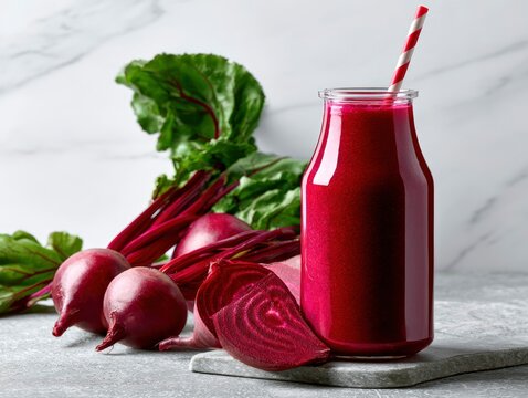 Fresh beetroot smoothie in glass bottle with raw beets on marble surface in sharp macro shot for health and wellness marketing