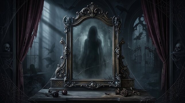 A spooky silhouette of a woman standing inside an old ornate vintage mirror in a dark haunted room
